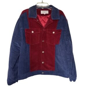 Vintage Corduroy PufferJacket Colorblock Red Blue Button Up Workwear Retro Large